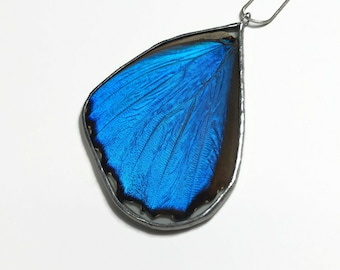 Blue iridescent glass necklace, real blue morpho butterfly wing jewelry, unique gifts for her, stained glass wing, chain included