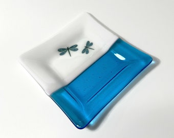 Dragonfly fused glass serving dish, blue plate, spoon rest, trinket tray, jewelry dish, gifts for her, nature housewarming presents