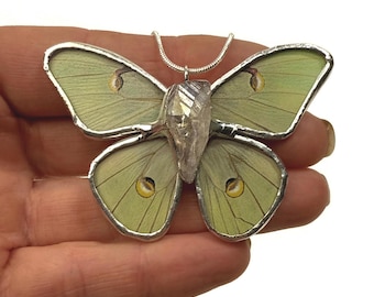 Luna moth pendant, Butterfly wing jewelry, unique gifts for her, crystal necklace, stained glass butterfly, chain included