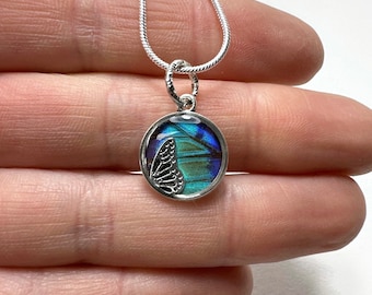 Handcrafted reflective green charm pendant, real butterfly wing jewelry, unique gifts for her, resin pendant, nature inspired presents
