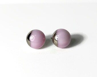 Pinks silver glass earrings fused glass jewelry minimalist iridescent round earrings unique gifts for her hypoallergenic