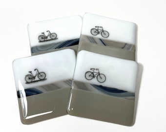 Handcrafted Bike Coasters Fused Glass set, Unique Home Decor & Housewarming Gift, Coffee Table Art, Set of 4