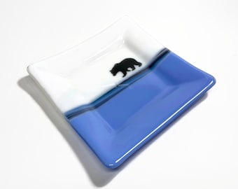 Bear plate, fused glass blue dish, serving platter, jewelry tray, unique gifts for her, wildlife kitchen decor, housewarming present