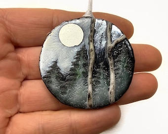Handmade Fused Glass Birch Tree Ornament, Gifts for her, Iridescent Moon, Christmas Decoration
