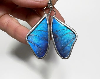 Blue dangle earrings, Adonis Morpho butterfly, stained glass wing, real butterfly, iridescent earrings, unique gifts for her