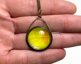 Yellow teardrop pendant real butterfly wing jewelry best friend gifts glass bronze pendant chain included unique presents