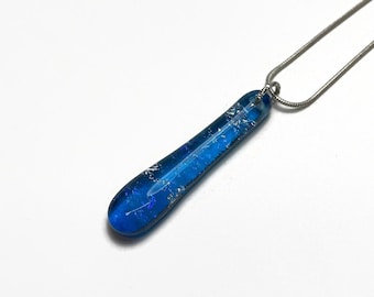Blue dichroic glass pendant fused jewelry, handmade iridescent teardrop, gifts for her, necklace included, unique presents