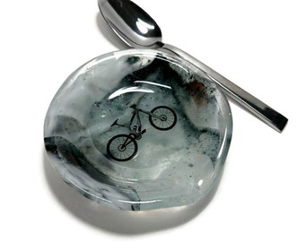 Handmade Mountain Bike Spoon Rest, Unique Kitchen Gift for Dad, Fused Glass Utensil Holder, Cyclist Inspired Presents