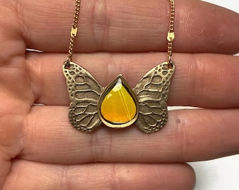 Real butterfly wing pendant, yellow necklace, butterfly jewelry, gifts for her, bronze pendant, necklace included