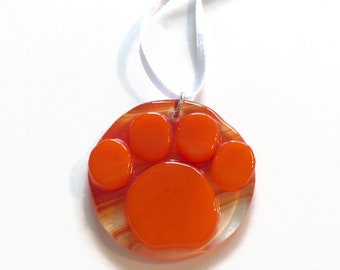 Handmade Paw Print Glass Ornament, Artisan Crafted Window Hanging, Pet Sun Catcher, Christmas tree decoration, Unique gifts for her