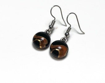 Fused Glass earrings, brown and black, glass jewelry, gold, drop earrings, sparkle earrings, hypoallergenic, drop earrings, statement