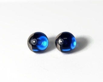 Blue stud earrings, silver glass jewelry, fused glass studs, dichroic glass earrings, minimalist round earrings, hypoallergenic