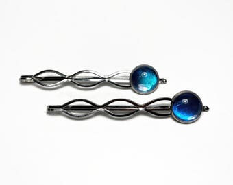 Iridescent blue bobby pins glass hair barrettes real butterfly wing jewelry rhetenor morpho butterfly hair clips presents for her set of 2