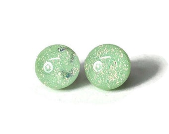 Green dichroic glass stud earrings, fused glass jewelry, gifts for mom, minimalist round studs, unique presents, hypoallergenic