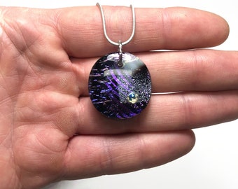 One-of-a-Kind Necklace, Swarovski crystal Dichroic Glass Pendant, Fused Glass Jewelry, unique gifts for her, chain Included