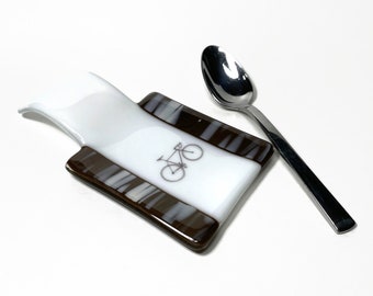 Road bike glass spoon rest, brown fused glass utensil holder, bike plate dish, gifts for friends, kitchen decor, housewarming present