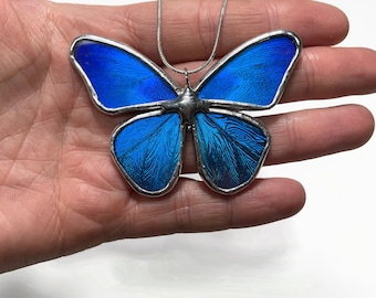 Blue pendant, iridescent, butterfly wing jewelry, Blue Morpho butterfly, real butterfly, glass pendant, necklace included