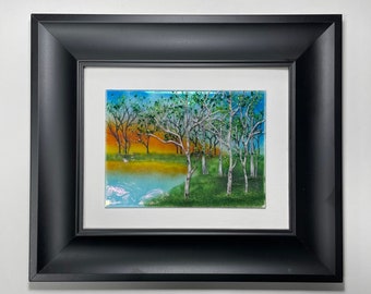 Summer birch tree fused glass art scenery picture, gifts for dad, three dimensional wall sculpture, handmade art panel