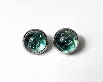 Reflective Green Studs Earrings, Dichroic Fused Glass Jewelry, Best Friend Gifts, Hypoallergenic, Unique Presents