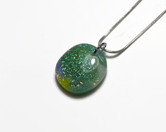 Reflective glass green pendant, fused dichroic jewelry, unique gifts for mom, chain included