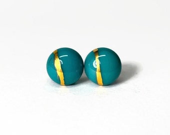 Fused glass earrings green and gold round studs gifts for her minimalist earrings hypoallergenic