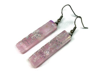 Fused Glass pink earrings, dichroic glass jewelry, iridescent earrings, dangle earrings, hypoallergenic