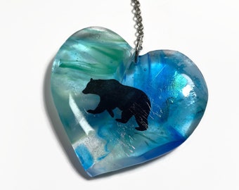 Blue iridescent fused glass sun catcher bear ornament bear home decor heart window hanging gifts for her handcrafted in canada