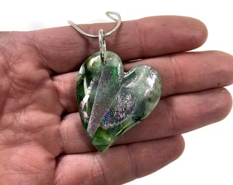 Sparkling Heart Pendant Necklace, Green Dichroic Glass Jewelry with Chain, Gift for Her