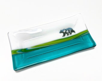 Artisan Made mountain bear plate, fused glass serving dish, wildlife trinket tray, unique gifts for her, nature decor, handmade in Canada
