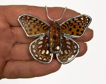 Handcrafted Butterfly Ammolite Pendant, Real butterfly Jewelry, Nature Inspired Gifts for Her, Stained Glass Necklace