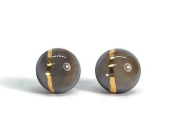 Gold brown stud earrings, fused glass jewelry, metallic minimalist, unique gifts for her, hypoallergenic, 8mm