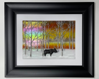 Iridescent Birch tree fused glass art, moose scenery picture, unique gifts for her, wildlife home decor, three dimensional wall sculpture