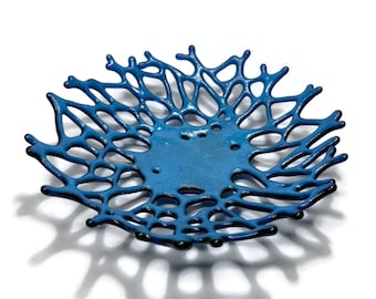Ocean Inspired Blue Coral Glass Bowl, Handcrafted Serving Dish, Modern Home Decor Sculpture, Unique Gift for Her