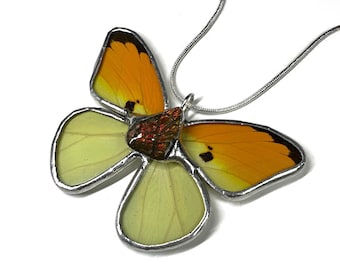 Handcrafted Butterfly Ammolite Pendant, Real Wing Jewelry, Nature Inspired Gifts for Her, Stained Glass Necklace