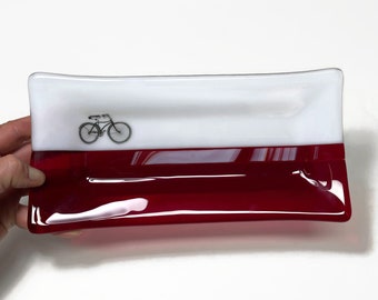 Red bike serving dish fused glass plate jewelry tray trinket holder unique gifts for him bike home decor bike enthusiast bike table art