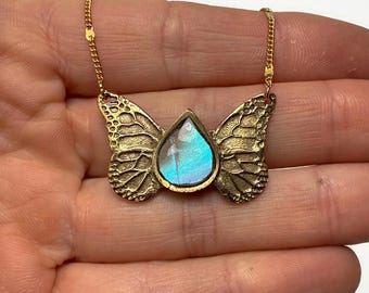 Blue pendant, iridescent, real butterfly wing jewelry, Blue Morpho butterfly, gifts for her, bronze pendant, necklace included