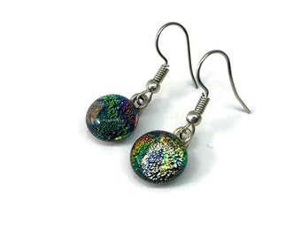 Green iridescent fused glass dangle earring rainbow dichroic glass jewelry unique gifts for her hypoallergenic