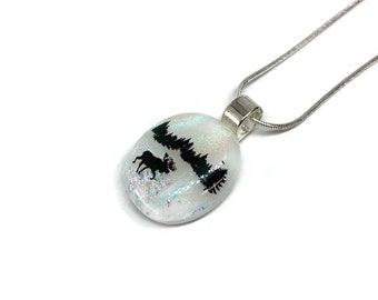 White necklace moose fused glass jewelry dichroic glass pendant, unique gifts for her, chain included