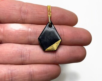 Black gold geometric pendant, fused glass jewelry, gifts for her, chain Included, unique presents, minimalist necklace