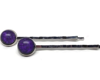 Purple iridescent hair pin barrette, fused glass jewelry, Dichroic bobby pins, best friend gifts, bridal hair clips