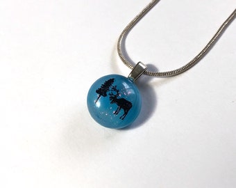 Wildlife necklace blue fused glass jewelry dichroic glass pendant, best friend gifts, chain included