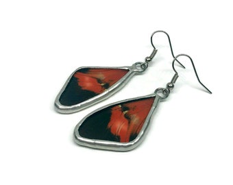 Butterfly red and black earrings, real butterfly wing, insect jewelry, glass earrings, stained glass wing