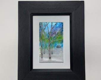 Winter birch tree art, fused glass picture, scenery wall panel, three dimensional, realistic picture, housewarming present, gifts for him