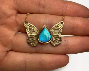 Blue pendant, iridescent, real butterfly wing jewelry, Blue Morpho butterfly, gifts for her, bronze pendant, necklace included