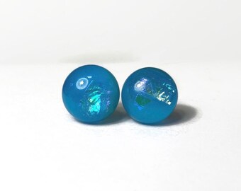 Blue fused glass earrings Dichroic glass jewelry, round earrings, unique gifts for her