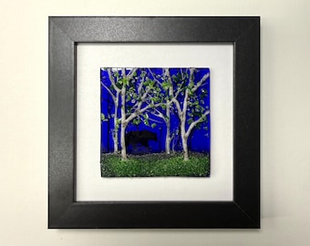 Handmade Fused Glass Birch Tree and Bear Art, Gifts for Her, Framed Nature Wall Decor