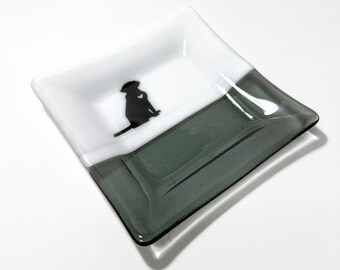 Dog fused glass plate grey white serving dish unique gifts for her animal kitchen decor housewarming presents