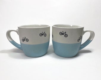 Handcrafted Blue and White Mountain Bike Mug Set, Retro Coffee Cup Home Decor, Artisan made Gifts for Him