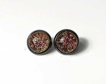 Orange dichroic glass stud earrings fused glass jewelry gifts for her minimalist round studs hypoallergenic 12mm unique presents