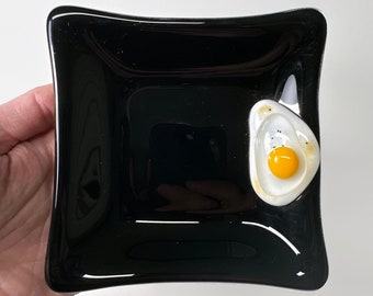 Egg fused glass plate, black and white dish, unique gifts for her, kitchen decor, serving dish, glass art